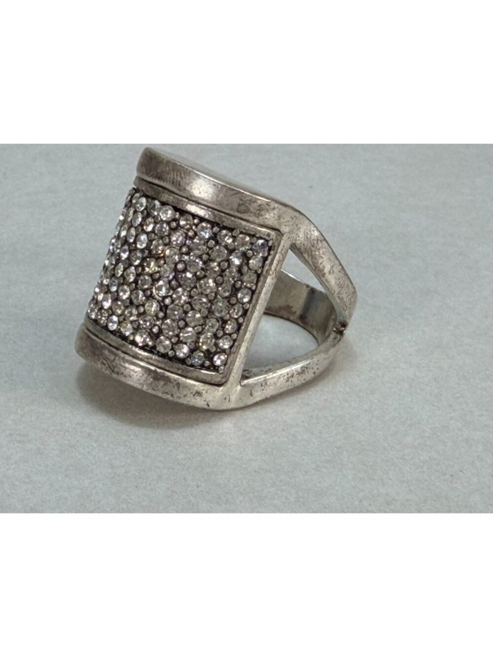Vintage Modernist Silver Tone Pave Rhinestone Wide Statement Cocktail Ring Glam